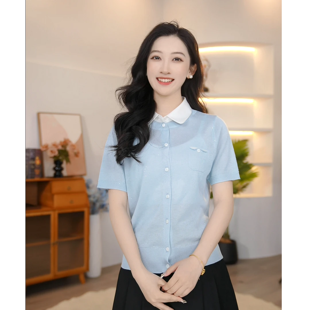 【曼贝】显瘦时尚通勤百轻薄款透气晴空蓝气质针织8542375【月月】