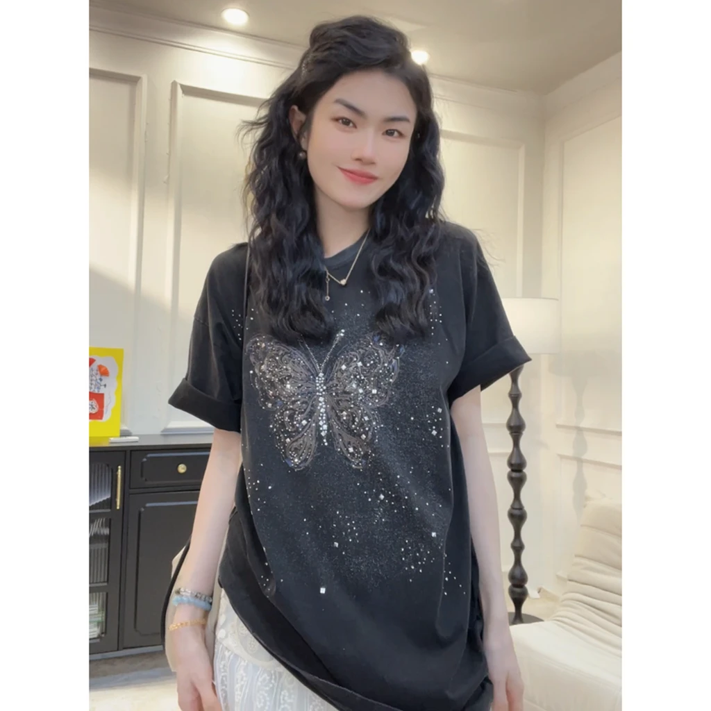 【烫钻蝴蝶】设计感小众大码百搭短袖t恤女2025新款中长款上衣LY