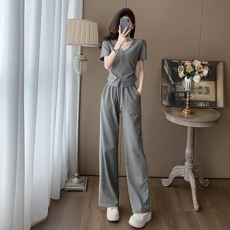 200斤微胖mm休闲套装女士大码显瘦洋气质小个子阔腿运动服两件套