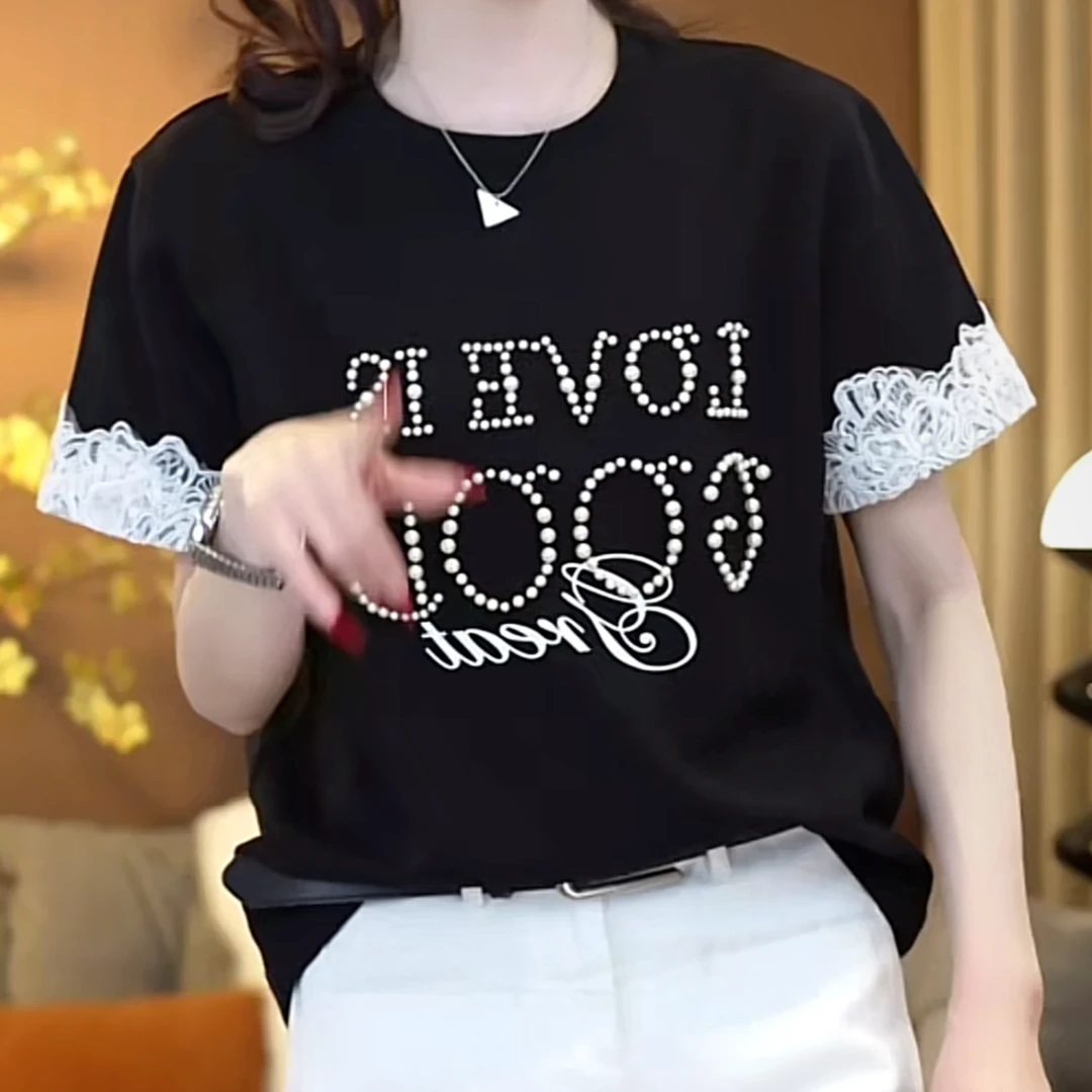 设计感珍珠大版宽松圆领短袖休闲T恤女2025早春新款时尚套头半袖