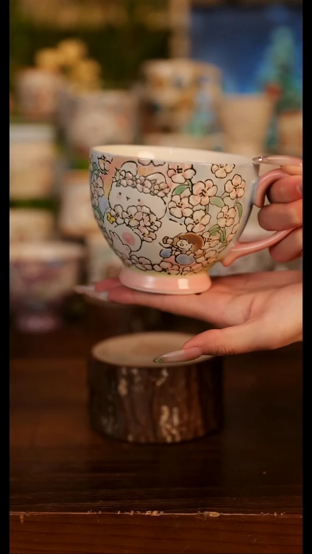 阿满樱花早餐杯      手绘釉下彩