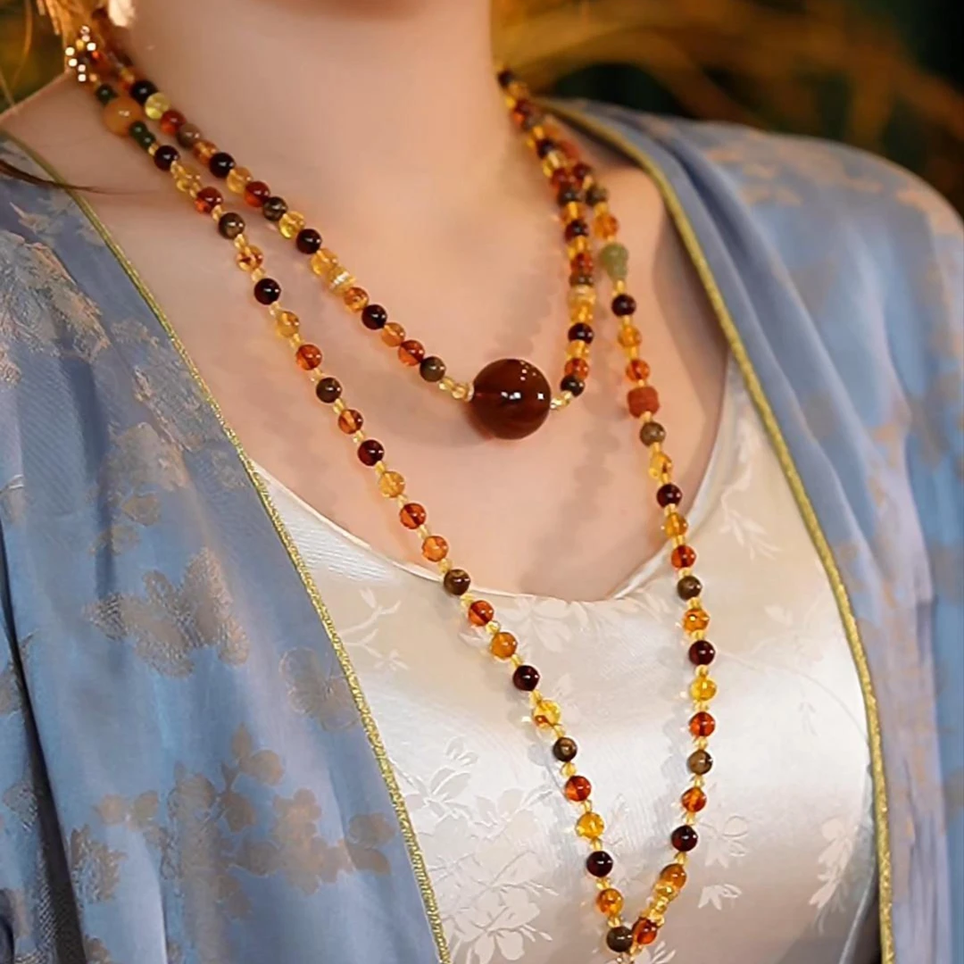 美创珠宝天然原矿琥珀缅甸琥珀多宝多福一拆二双链设计款长链斜挎