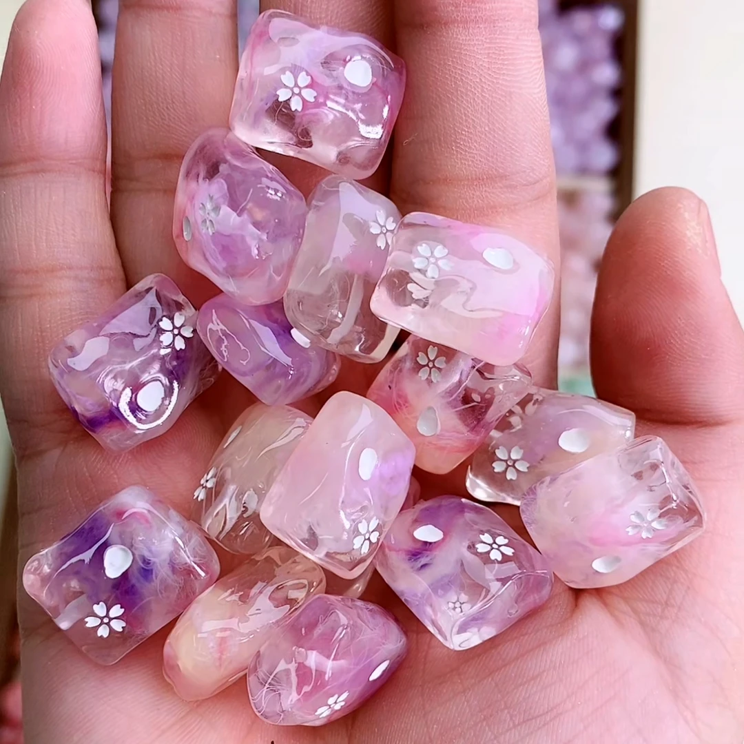 DIY饰品配饰 韩国胶定制珠 手绘樱花毛线异形冰块 通孔散珠