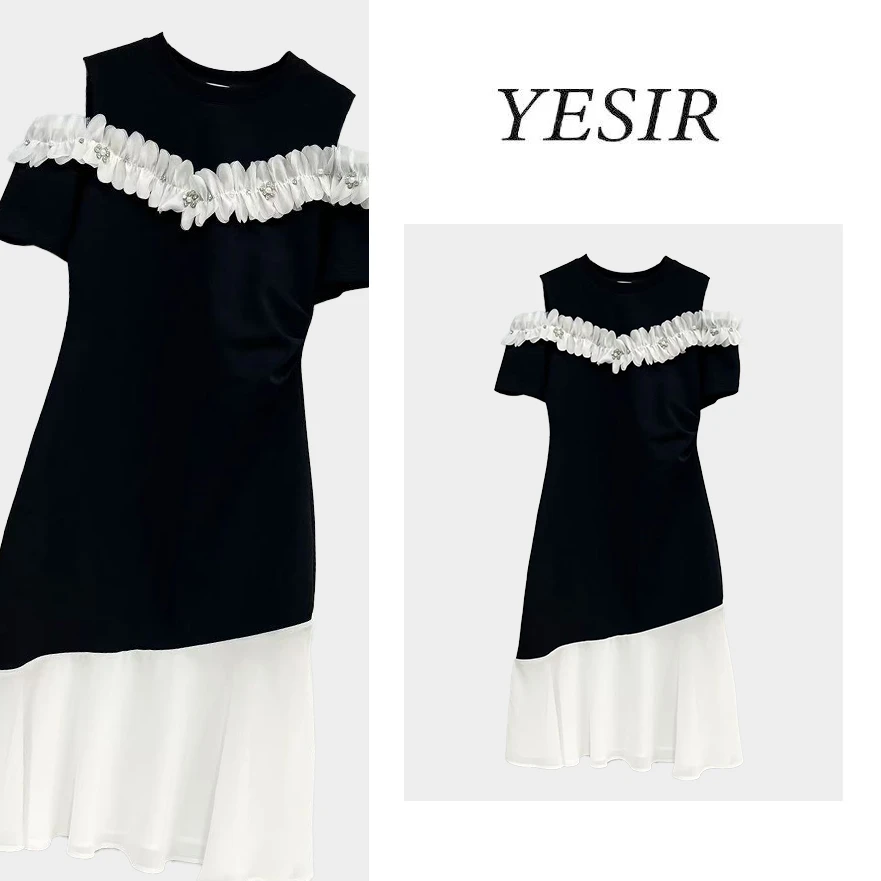 Q25066精致花边钻饰露肩拼接连衣裙