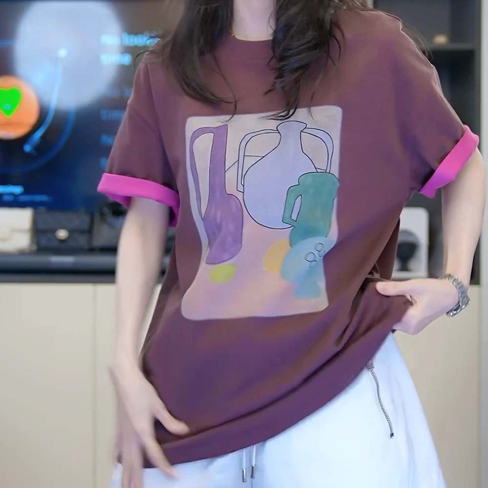 双色军绿色T恤花瓶翻袖撞色水壶咖色T恤短袖上衣女2025夏季新款