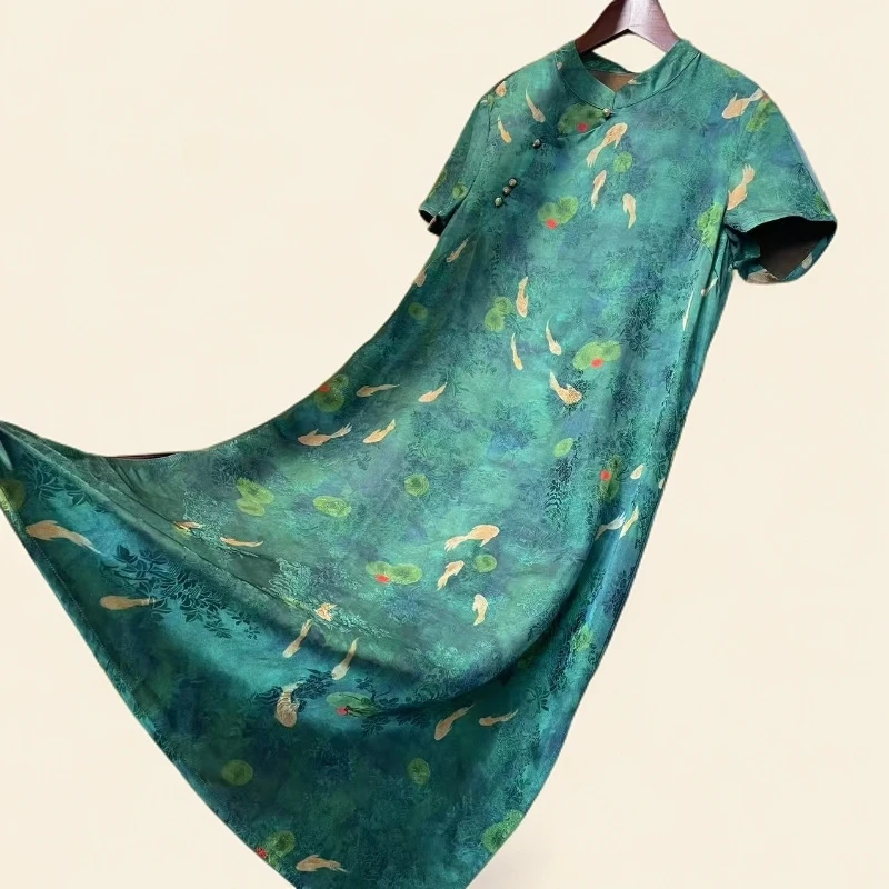 【荷塘月色】正品高端花色复古印花绿色斜襟花卉优雅连衣裙1022