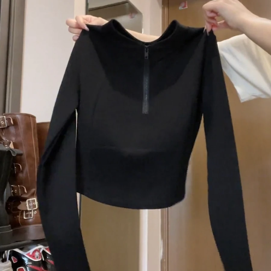 黑色拉链立领长袖T恤女秋季2025新款洋气设计感短款修身打底衫ins