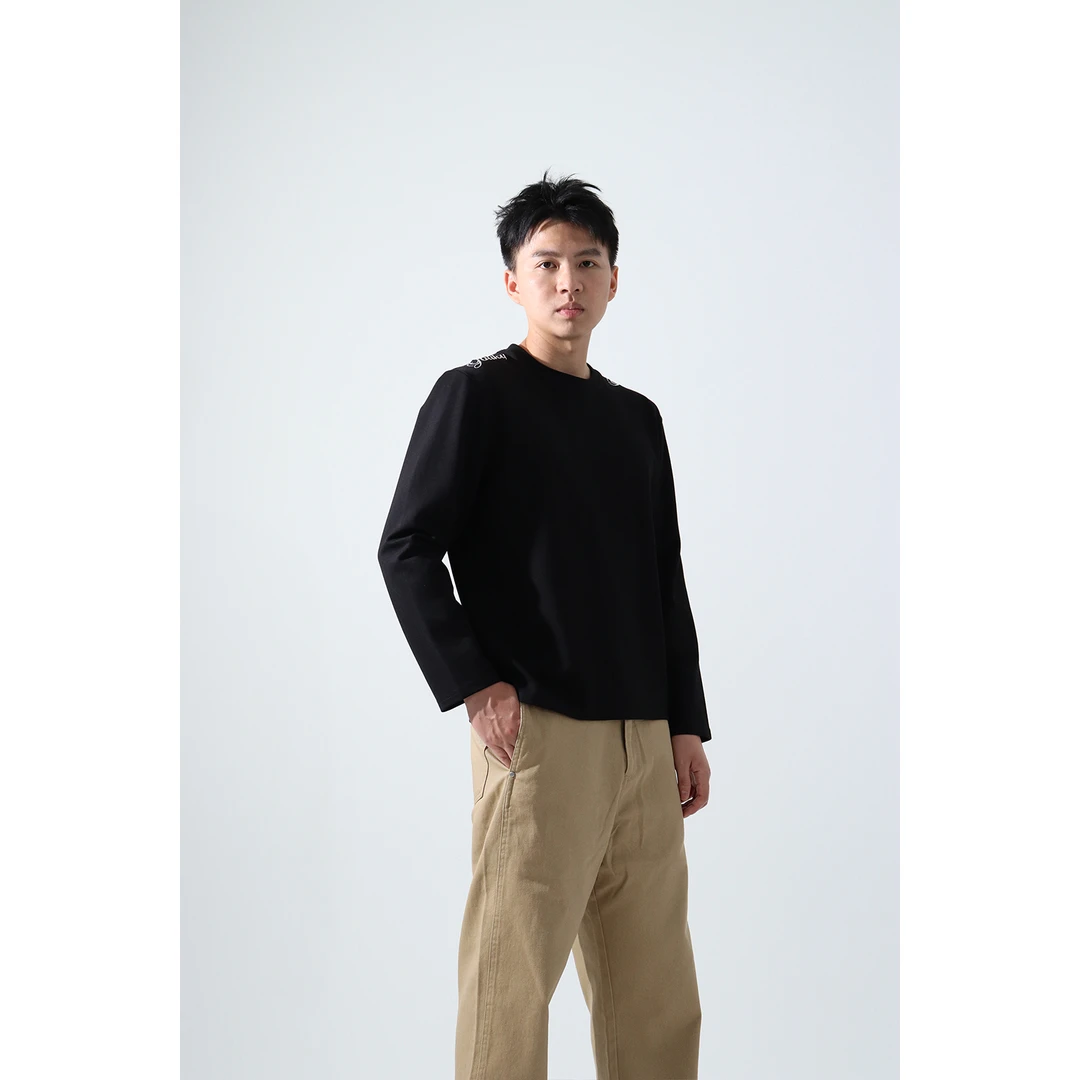 美式重磅空气层长袖秋季宽松型圆领T恤肩膀刺绣字母百搭个性上衣