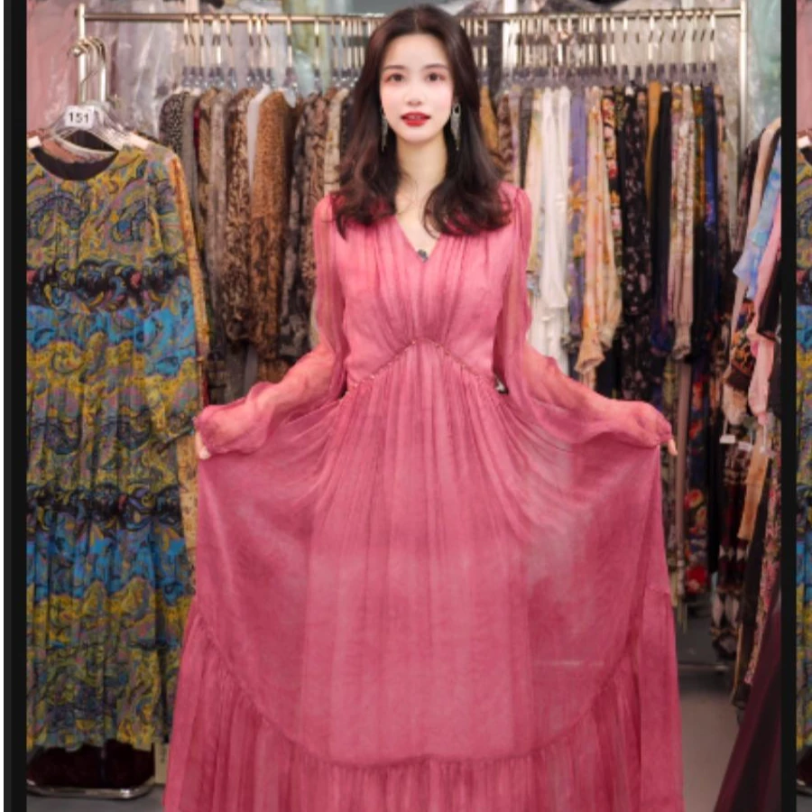 新！【玲姐真丝-粉雾晕染】桑蚕丝连衣裙59237