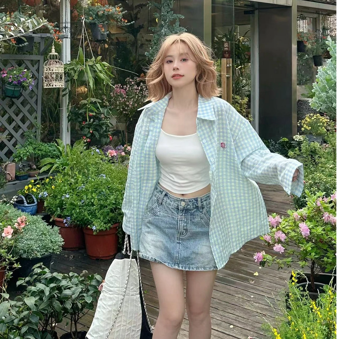 韩系慵懒风格纹衬衫女长袖薄款外套2025春夏百搭薄款POLO领开衫