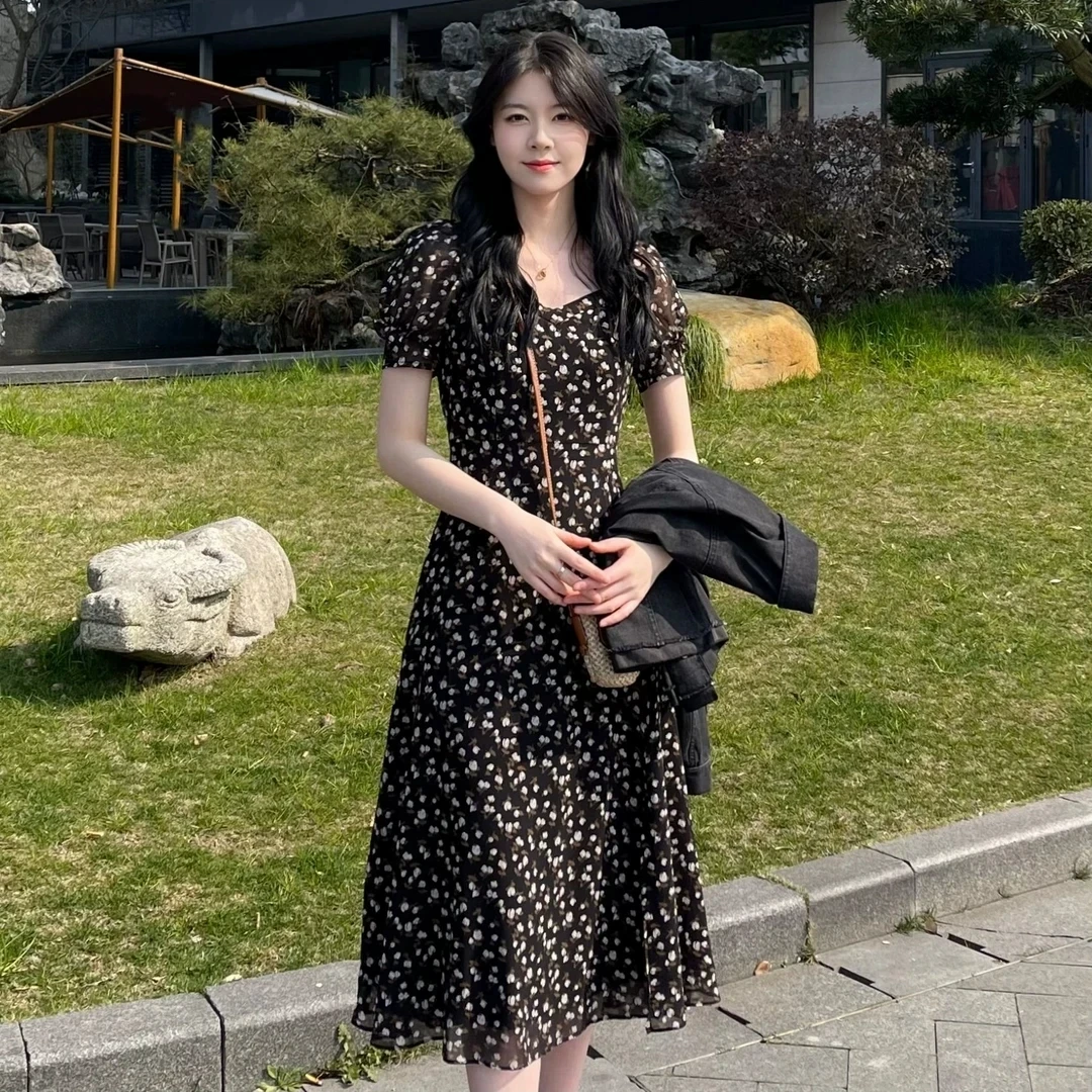 专柜正品2025夏装新款方口领雪纺碎花短袖连衣裙长裙子女1500483