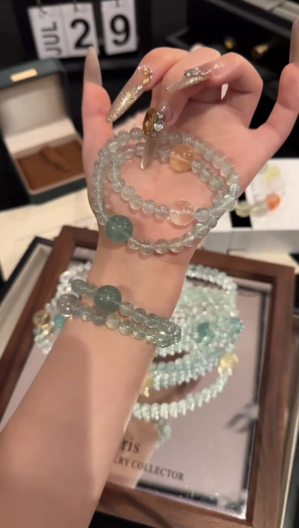 水晶手链合金绿萤石双圈x2156