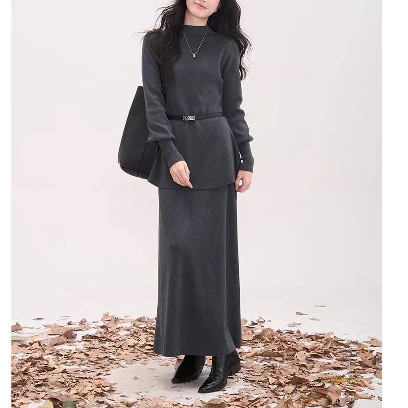 淡人温柔高知穿搭女2025新款半高领灯笼袖针织衫复古高级感半身裙