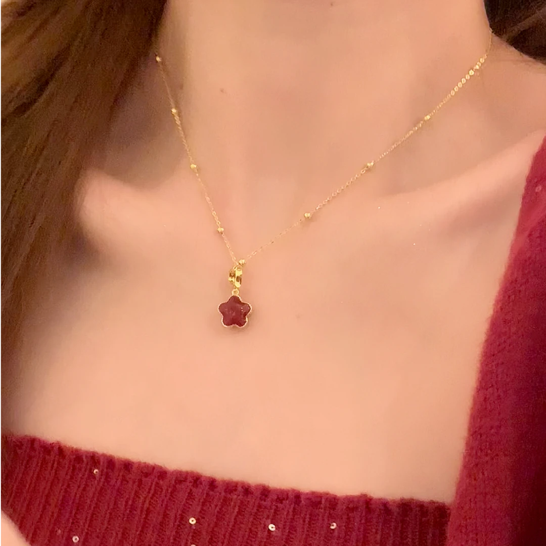 铜合金项链 秋冬双面两戴新年红花朵项链女气质百搭毛衣链配饰