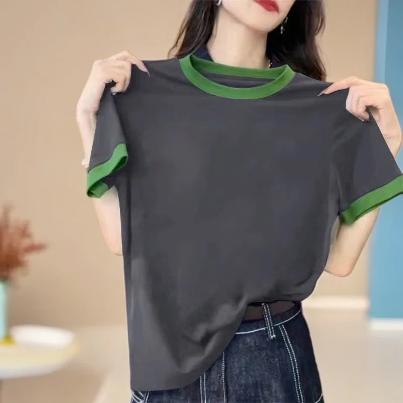 新款正肩简约彩色领口百搭拼接撞色t恤短袖小众设计感上衣女夏季