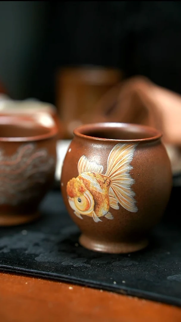 茶壶紫砂柴烧金鱼杯