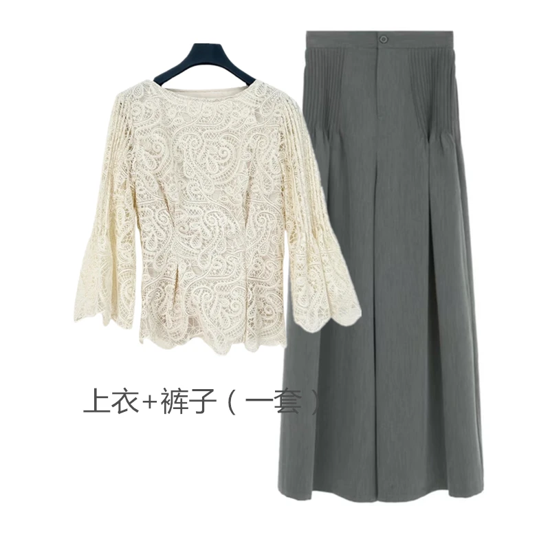 长袖针织蕾丝时尚圆领套头秋季镂空设计师上衣百搭阔腿裤长裤套装