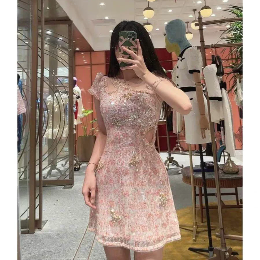 《深圳南油》拉斐同款夏季高端粉色珠片连衣裙新款女气质显瘦裙子