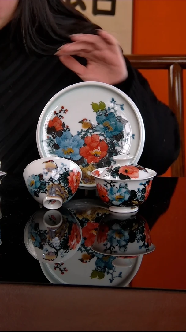 李华手绘釉中五彩牡丹小套组