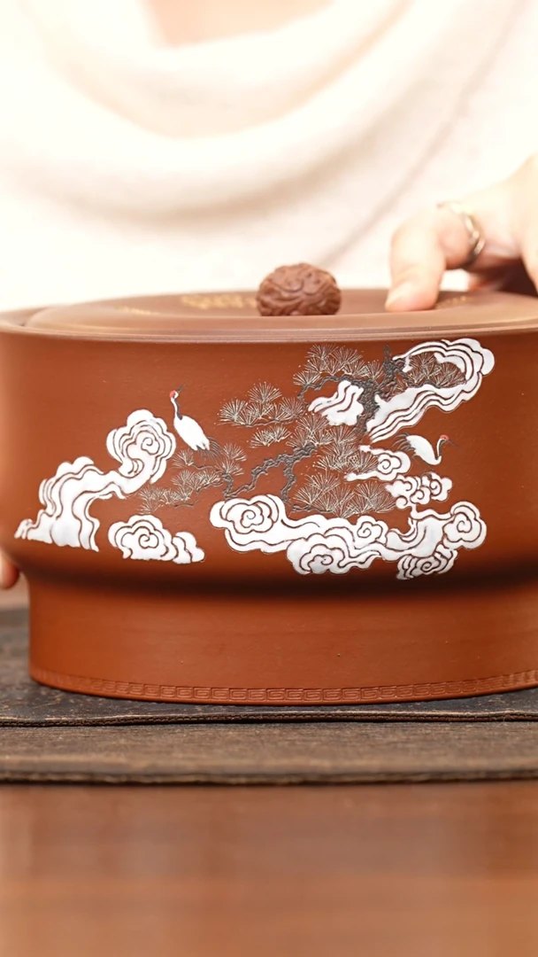 紫砂茶叶罐祥云钮朱泥福禄寿茶叶罐