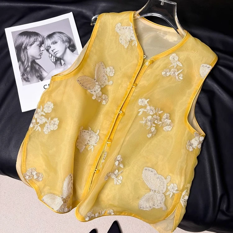 国风刺绣蝴蝶图漂亮黄色圆领马夹薄外套欧根纱女装马甲夏季新款春