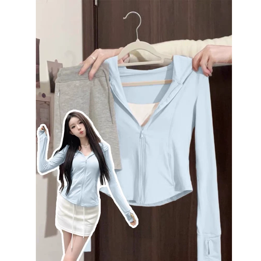 粉色连帽修身防晒衣upf50+显瘦连帽瑜伽外套女冰丝速干