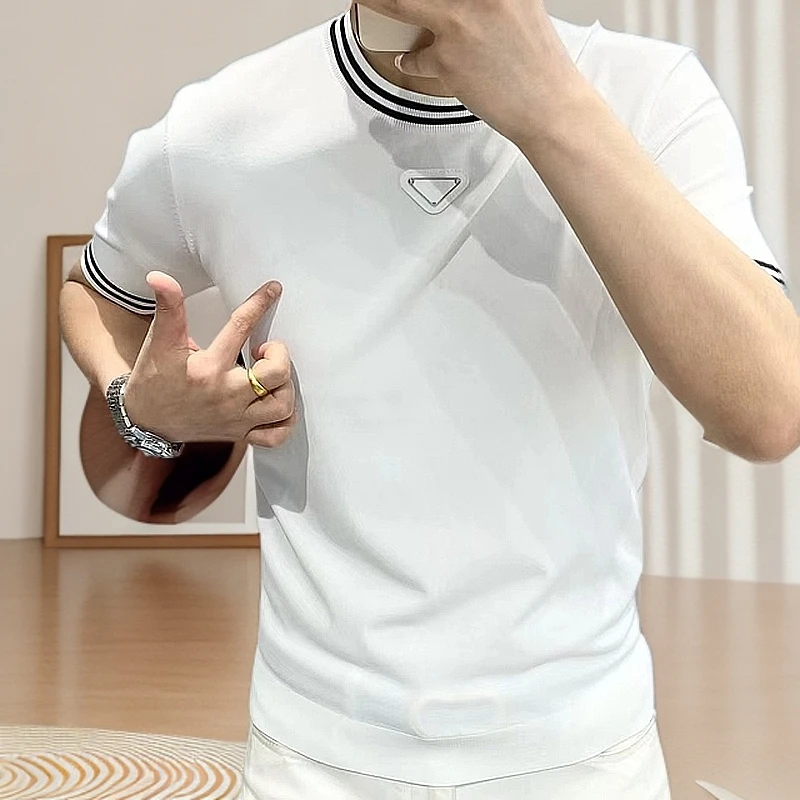 男进口纱线夏季半袖圆领针织衫轻奢条纹拼色修身休闲百搭T恤M205