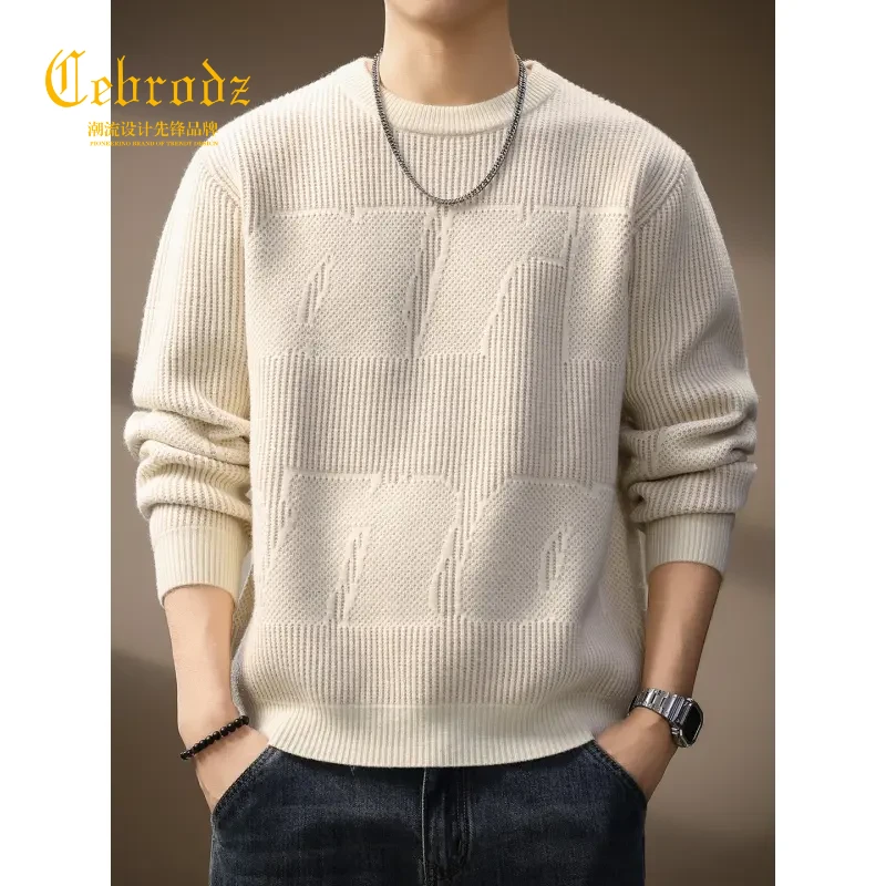 法国Cebrodz高级感慵懒风圆领针织毛衣男士休闲字母提花宽松卫衣