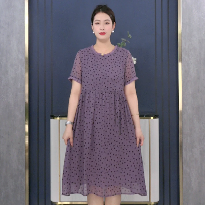 薇姐大码女装2025新款宽松气质时尚圆领休闲印花连衣裙230833