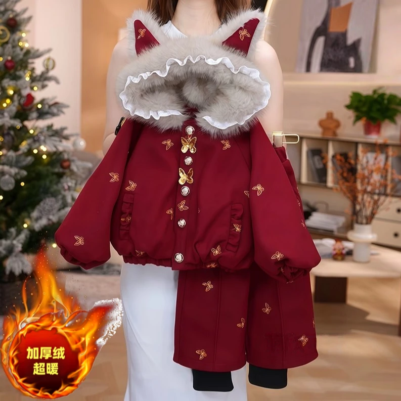 女童加绒红色外套假两件阔腿裤套装冬装2025新款毛领派克服拜年服