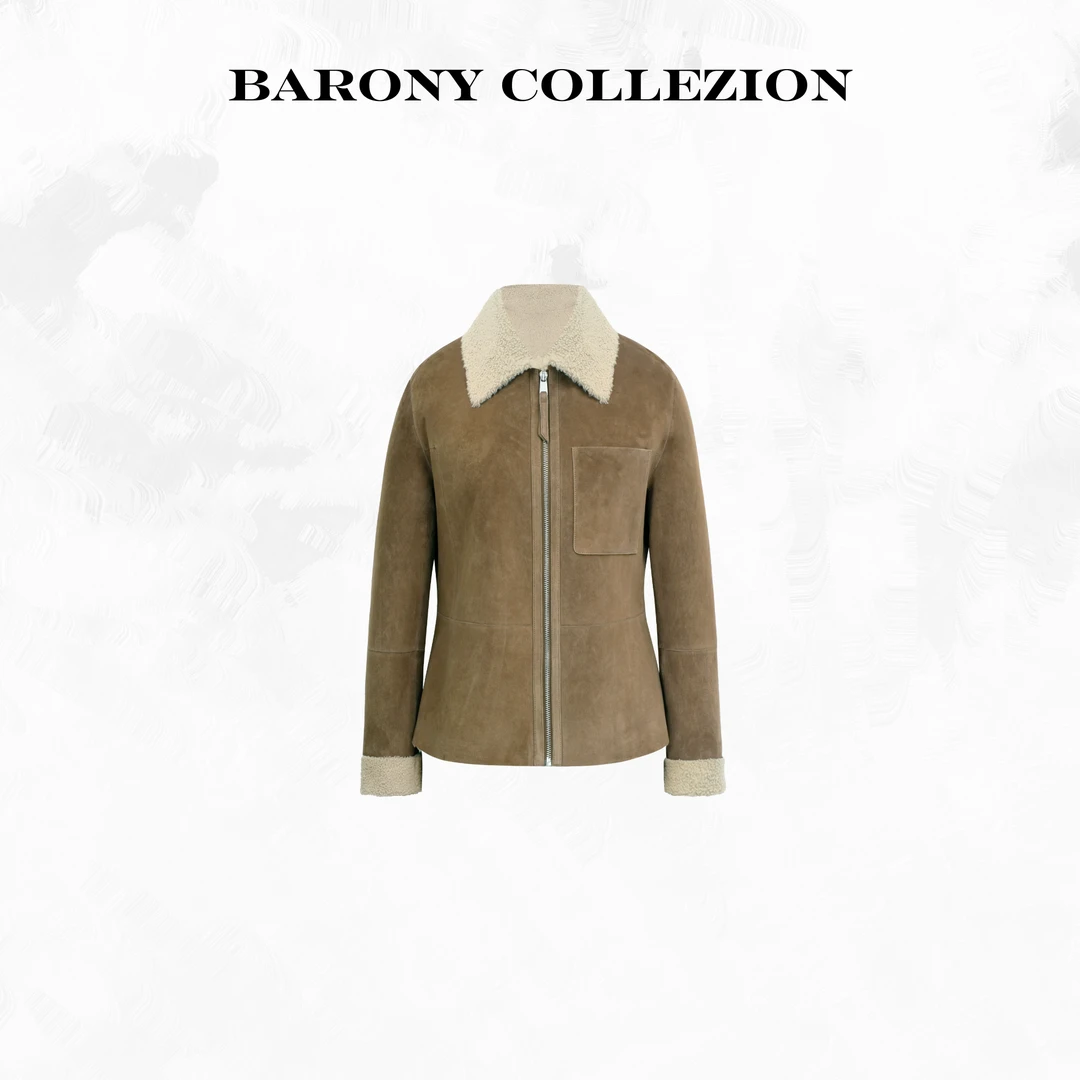 BARONY【98531】珍珠羔拉贡LACON绒面可可棕限量皮草外套真皮毛一体