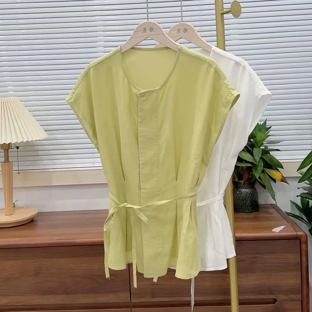 【原歌】夏季新款设计感腰带收腰显瘦短袖小衫YG815