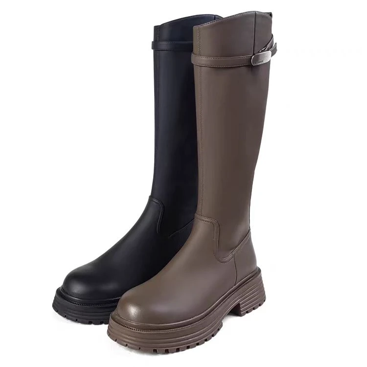 轩美诗2024冬季新款圆头厚底时尚潮流侧链真皮骑士长筒靴3703女