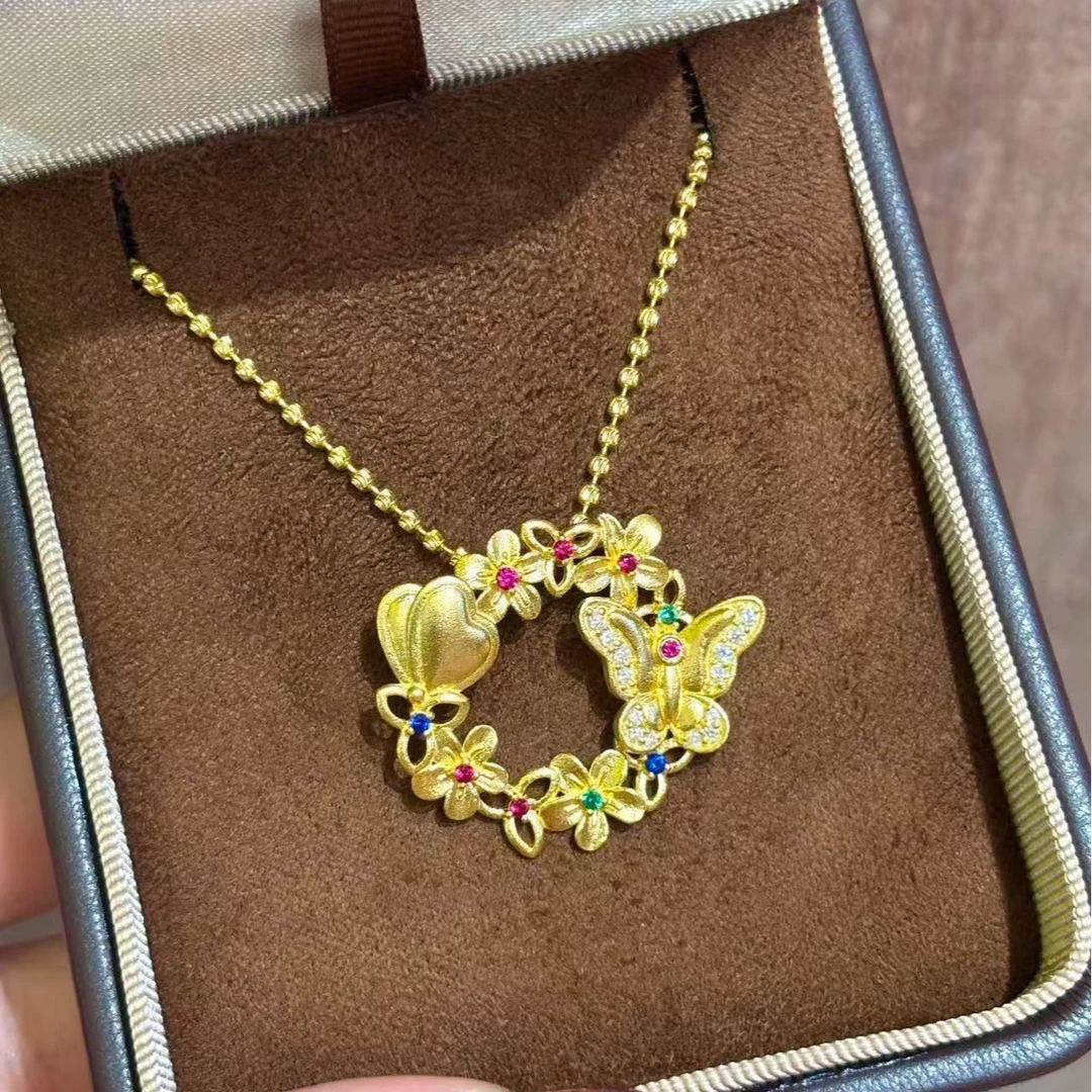 【伟新源】足金999 镶嵌花飞蝶舞吊坠8.25克（不含链）附加106