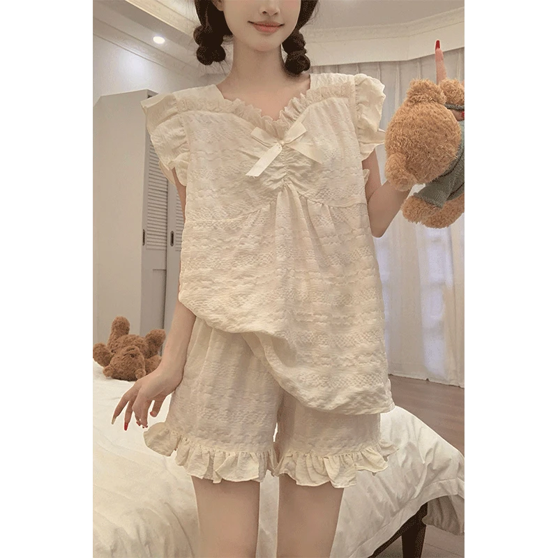 睡衣女夏季薄款皱布小飞袖2025新款可爱公主风家居服两件套装蝶结