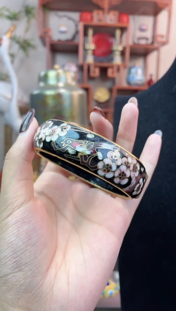 非遗手工景泰蓝开口银蓝镯子黑色