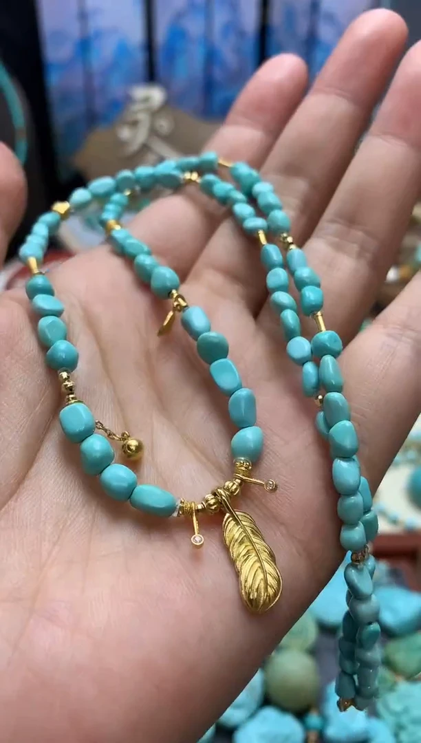 【闪购商品】绿松石颈饰18K金镶嵌高瓷绿松石糖豆项链