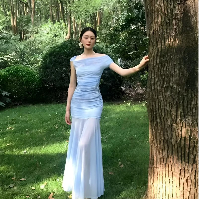 法式氛围感蓝色网纱一字肩连衣裙女修身气质海边度假a字长裙套装