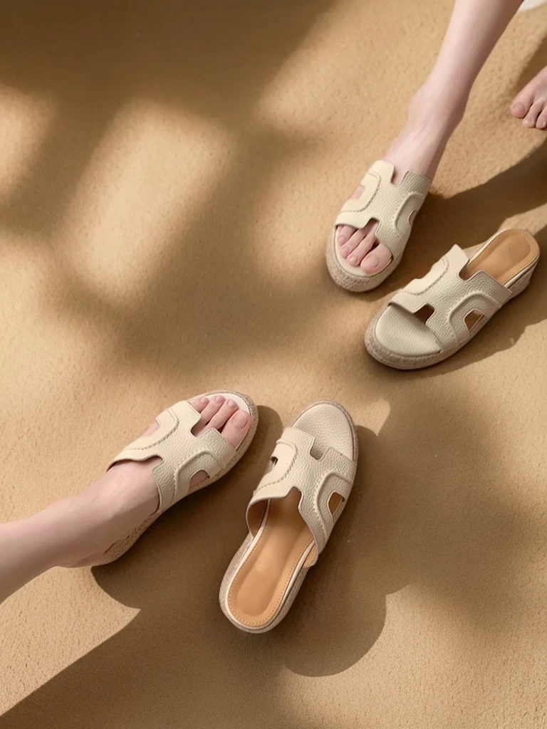 【小陈姐专属】增高6cm~露思同款复古一字厚底坡跟凉拖鞋夏外穿草编