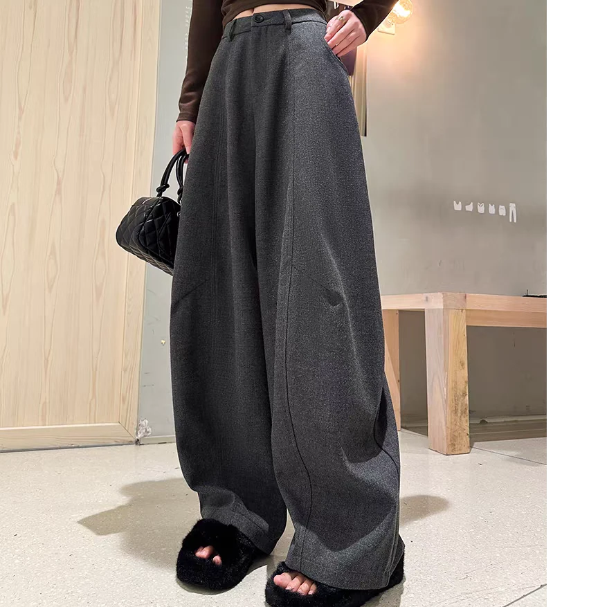 加绒加厚 毛呢西装阔腿裤高腰显瘦直筒拖地弯刀裤