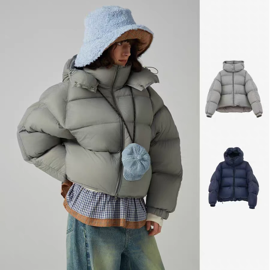 DONGDONGZHOU25冬纯色宽松百搭简约保暖连帽羽绒服外套女