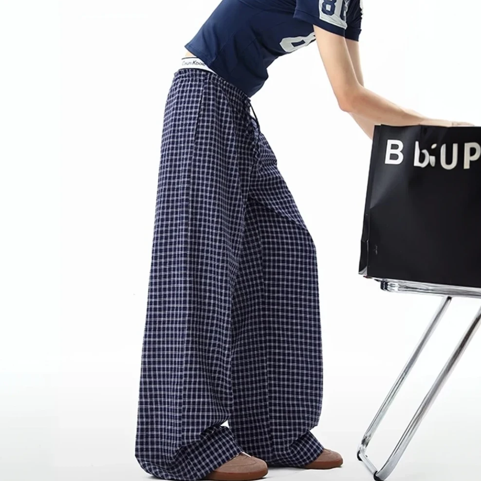 沫知莱纯棉格子长裤户外宽松型休闲裤休闲格子无弹力