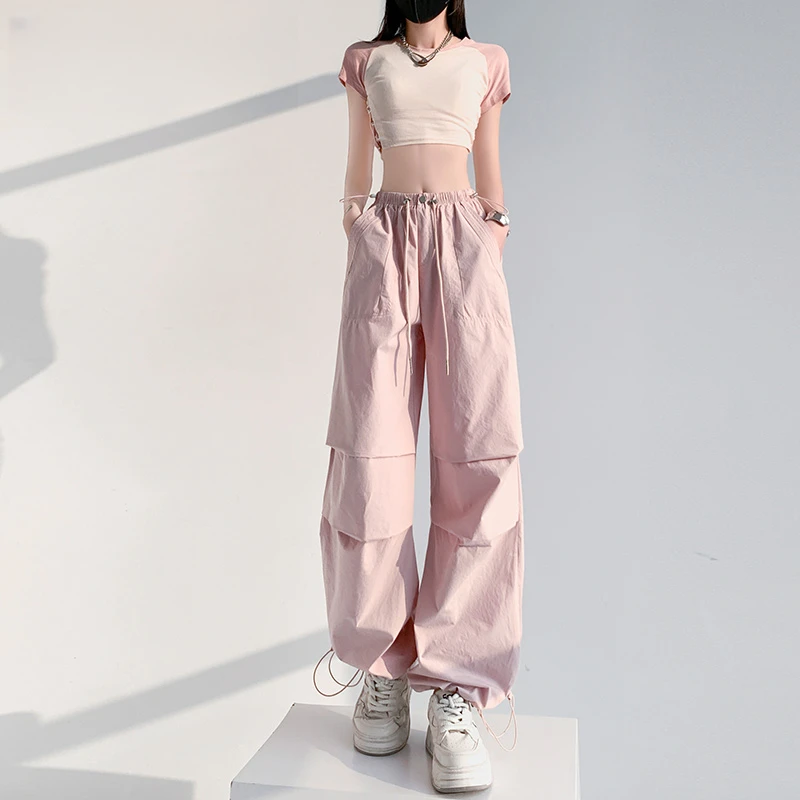 工装裤粉色美式速干工装裤女款2025新款夏季高腰显高瘦百搭直筒裤