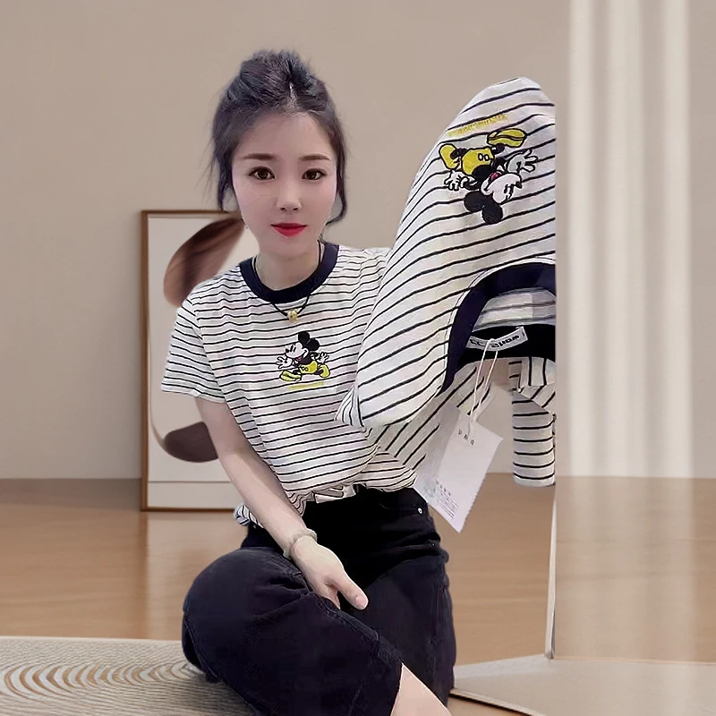 米奇绣花短袖t恤女2025年夏季新款圆领条纹简约宽松休闲百搭上衣