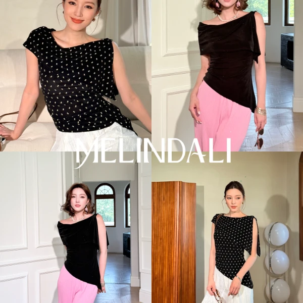 Melinda Li【入夏】法式优雅醋酸细闪一字肩收腰显瘦百搭短袖上衣