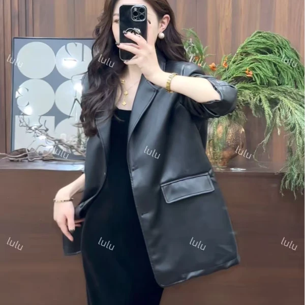 璐璐定制--2025秋季新款厚款欧美风口袋复古港风显瘦女装纯色皮衣