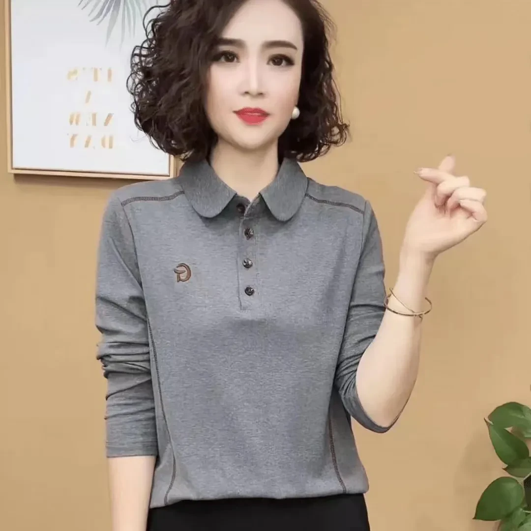 中年女打底衫女春秋季新款时尚纯色翻领polo长袖洋气百搭妈妈上衣