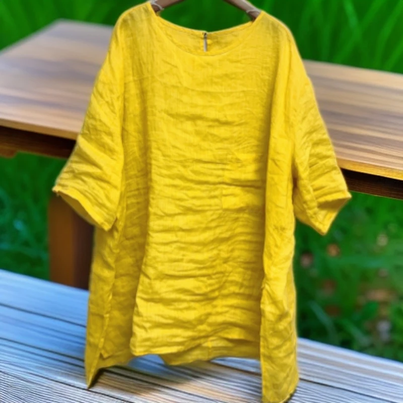潮流中长款复古做旧纯苎麻拼接女士小衫夏季T恤休闲女士