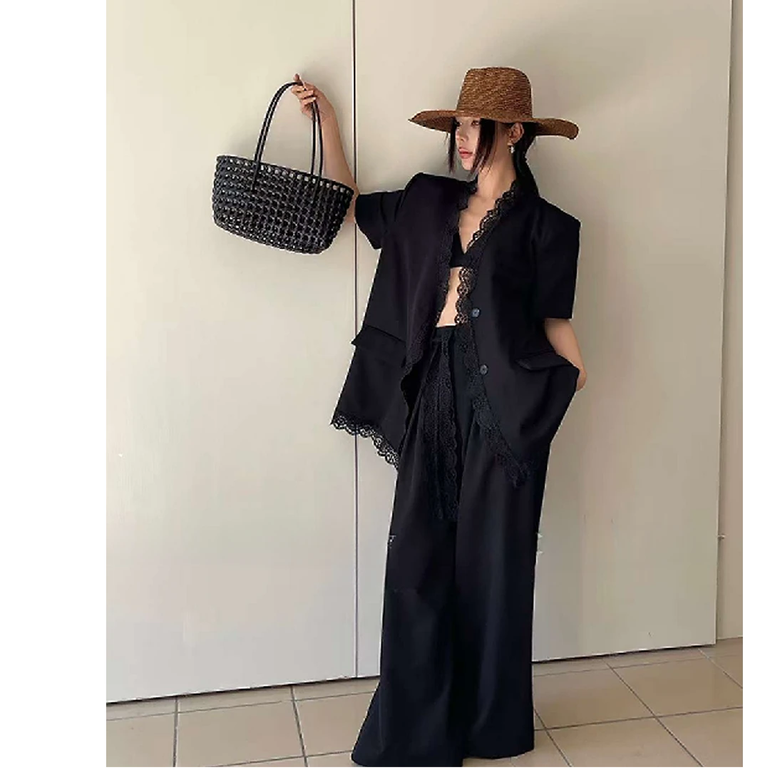 深圳南油高级感时尚蕾丝系带拼接短袖外套休闲裤套装两件套5233
