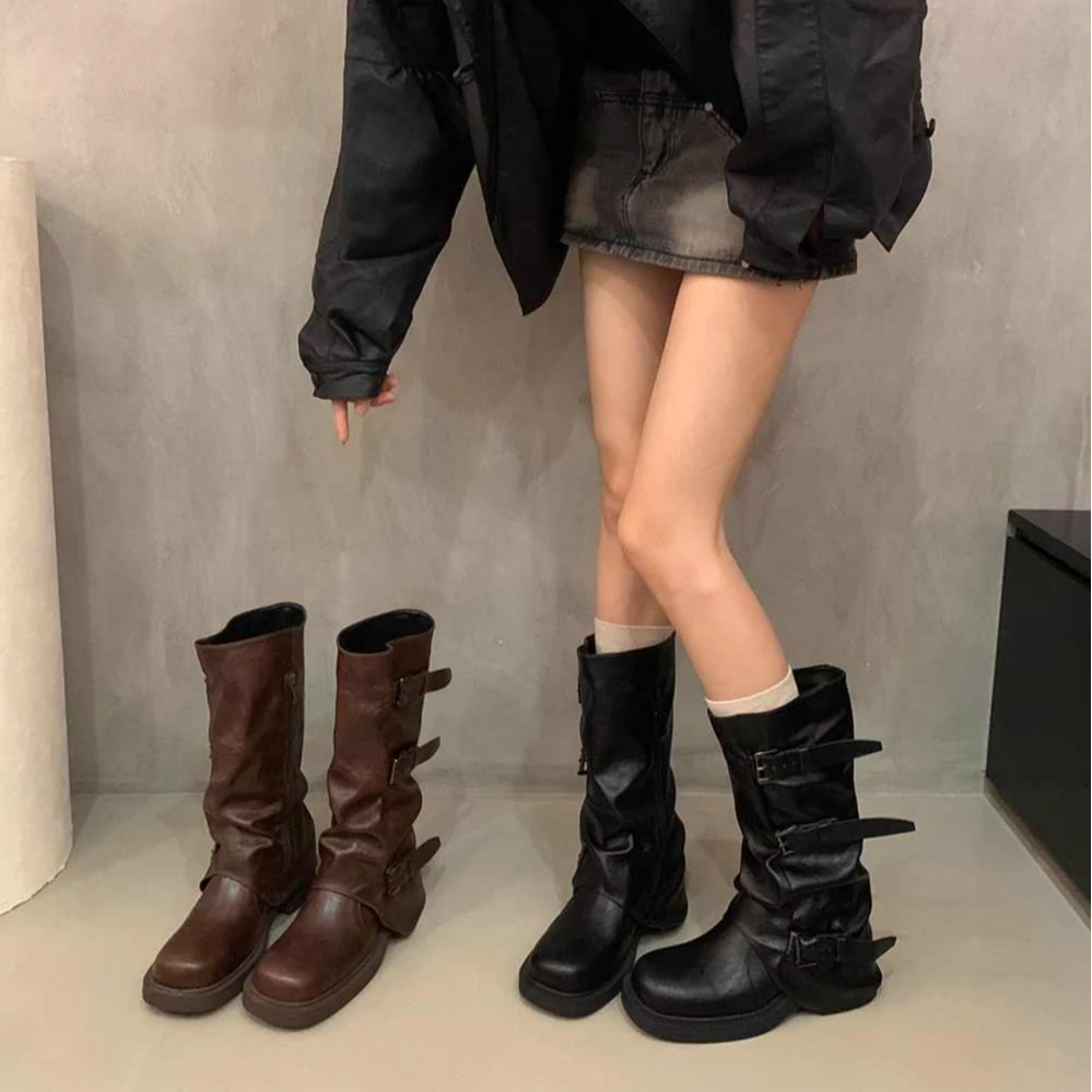 SGL-8788粗跟中高筒靴西部牛仔堆堆靴骑士靴早秋马丁靴法式女靴子